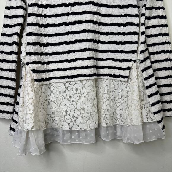 Md Anthropologie Striped Cardigan Black Cream Chiffon Lace Boho Romantic Preppy - Picture 4 of 8